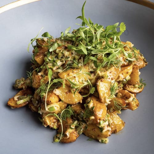Roasted new potato salad with scallions, capers and dill